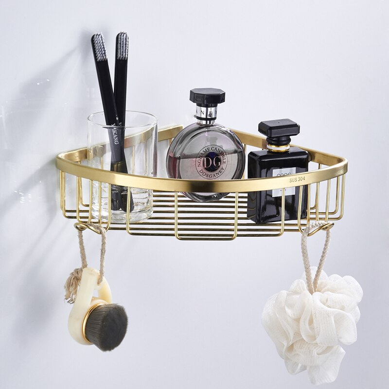 Double porte-serviettes mural en acier inoxydable, accessoires de salle de bains carrés en or brossé, porte-papier hygiénique moderne pour brosse de toilette: Corner shelf