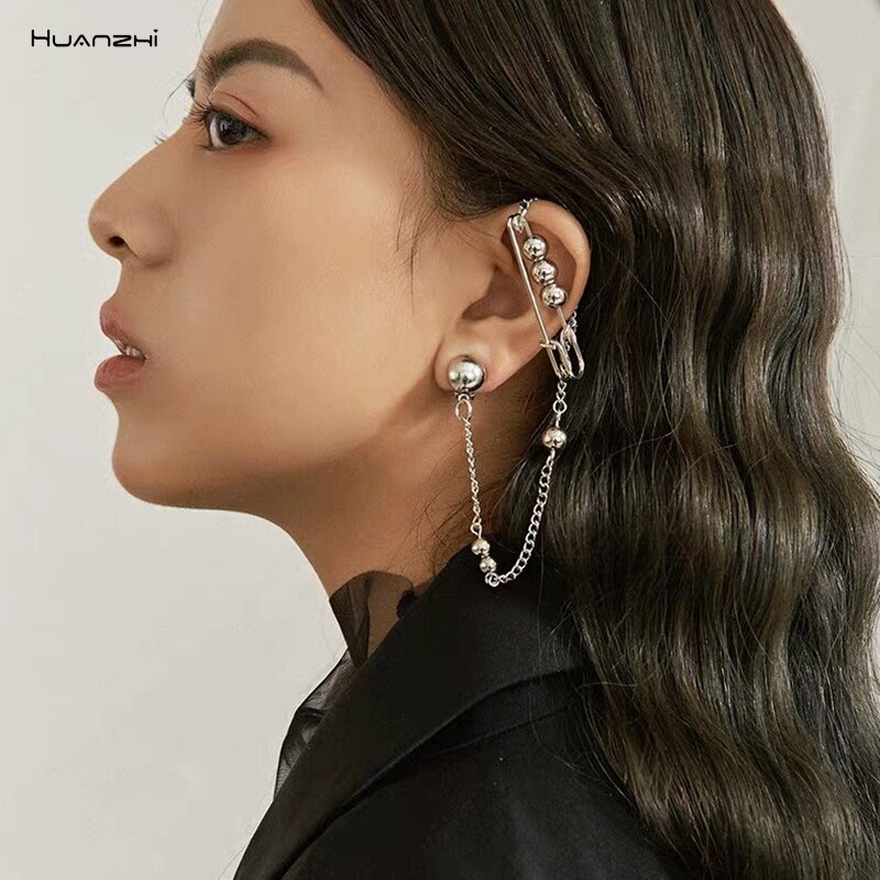 Huanzhi guld sliver färg metall ear cuff örhängen utan piercing geometrisk kedja dubbel cirkel för kvinnor flicka smycken