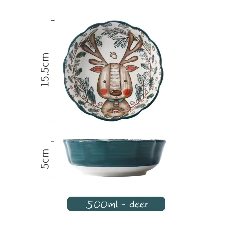 Ceramic Salad Bowl Forest Animal Porcelain Soup Bowls Children Kitcehn Rice Dessert Snack Mixing Bowl Kitchen Supplies: deer