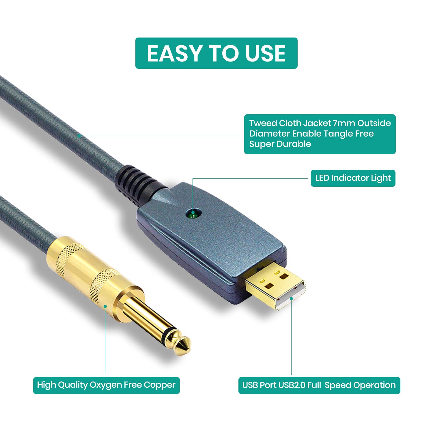 3M Gitaar Kabel Usb Interface Naar 6.35Mm Jack Elektrische Gitaar Accessoires Audio Connector Cord Adapter Voor Muscial Instrumenten