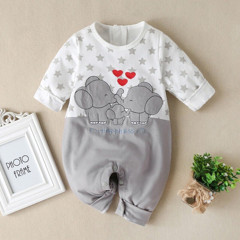 Baby Boys Girls Long Sleeve Cartoon Star Print Romper Infant Kawaii Elephant Pattern Jumpsuit Newborn Toddler Keep Warm Clothes