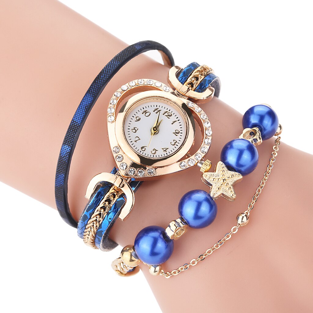 Dame armbåndsure med perlevedhæng luksus dame læder quartz rhinestone armbåndsure ur zegarek damski: Blå