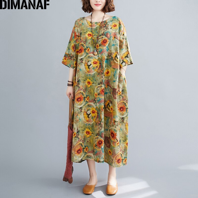 DIMANAF Summer Plus Size Dress Women Clothing Sundress Linen Floral Print Lady Vestido Loose Long Dress Oversize 5XL 6XL