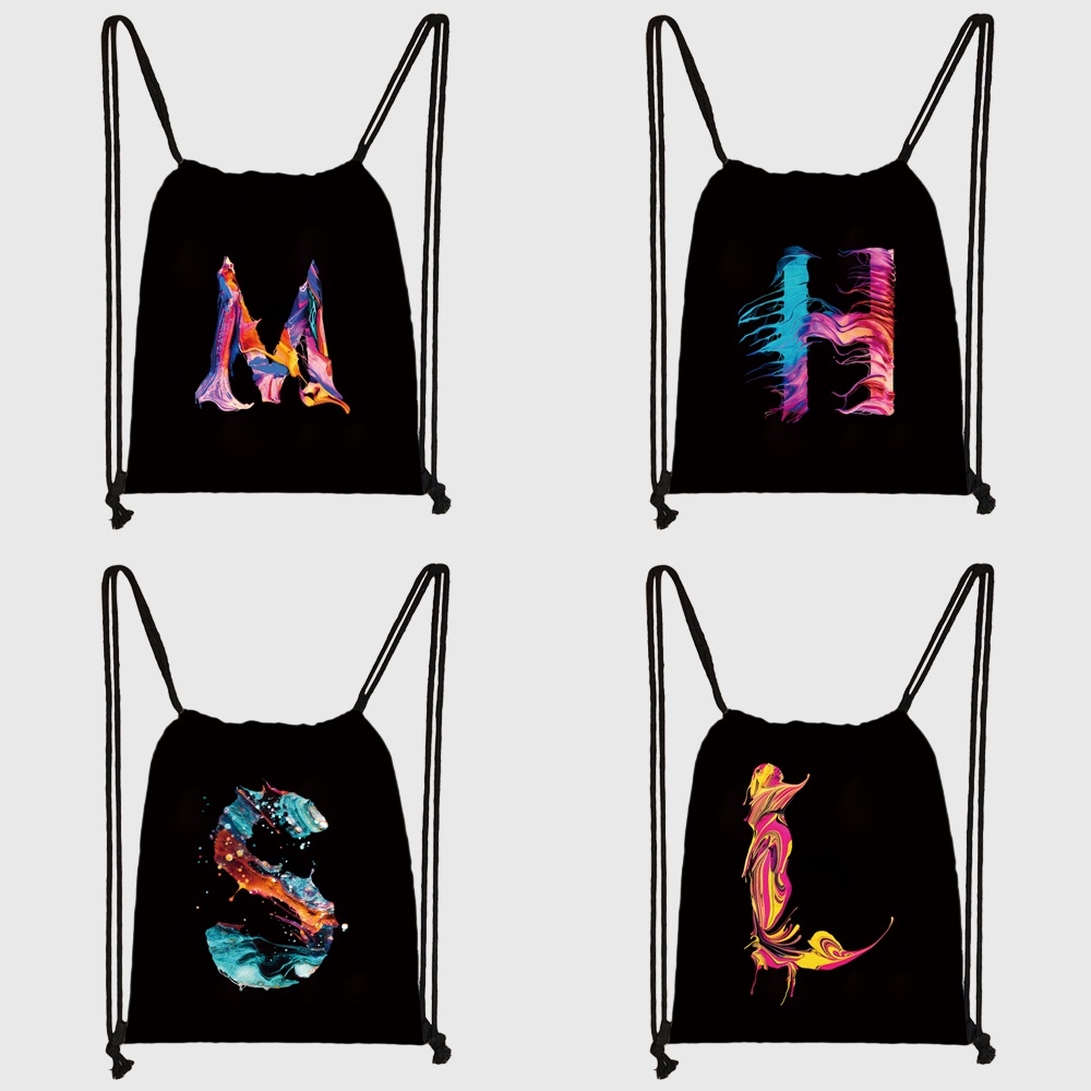 26 Initials Print Drawstring Bag Backpack Men and Women Beach Sports Travel Backpack Kid Supplies Bag Portable Sundries Bag