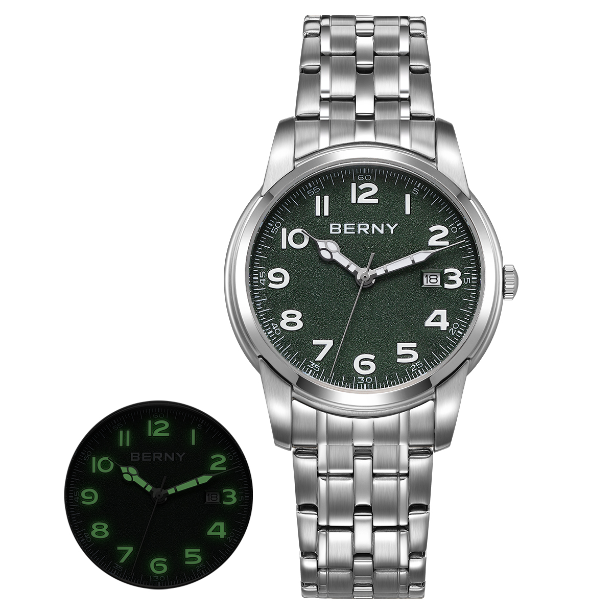 Relojes BERNY para hombre, calendario, fecha, reloj piloto de cuarzo luminoso, S/S, clásica, deportes, fácil lectura, reloj de pulsera para hombre al aire libre: Verde