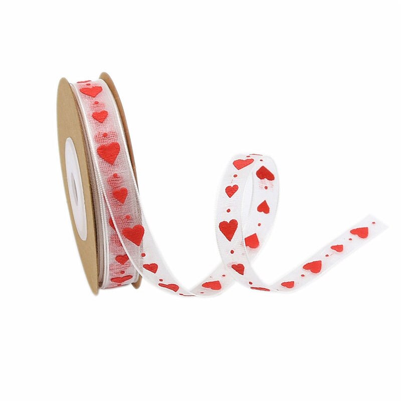 5/10M (1 Roll) Romantic Red White Heart printed Ribbon Organza Lace ribbon Riband for Sewing Wedding Wrapping Accessories: 2