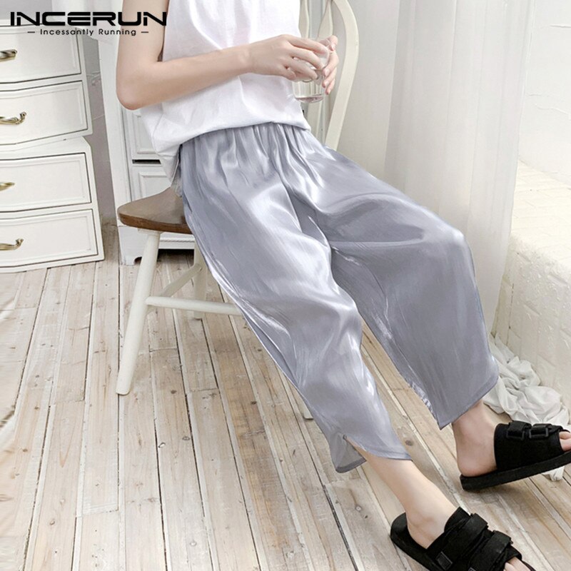 Incerun mænd afslappede løse bukser sommer joggers streetwear faux silke tynde bukser åndbare solide smarte pantalones hombre