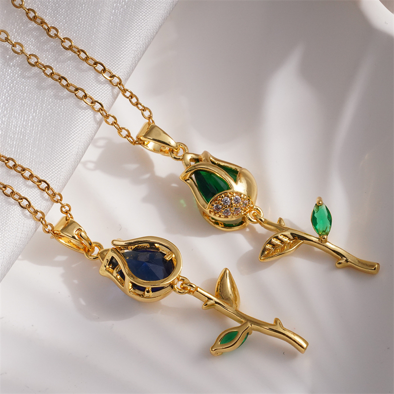 Collar con colgante de tulipán de acero inoxidable ligero de lujo para mujer, cadena de Color dorado, collar de flores, de joyería de la suerte para niñas