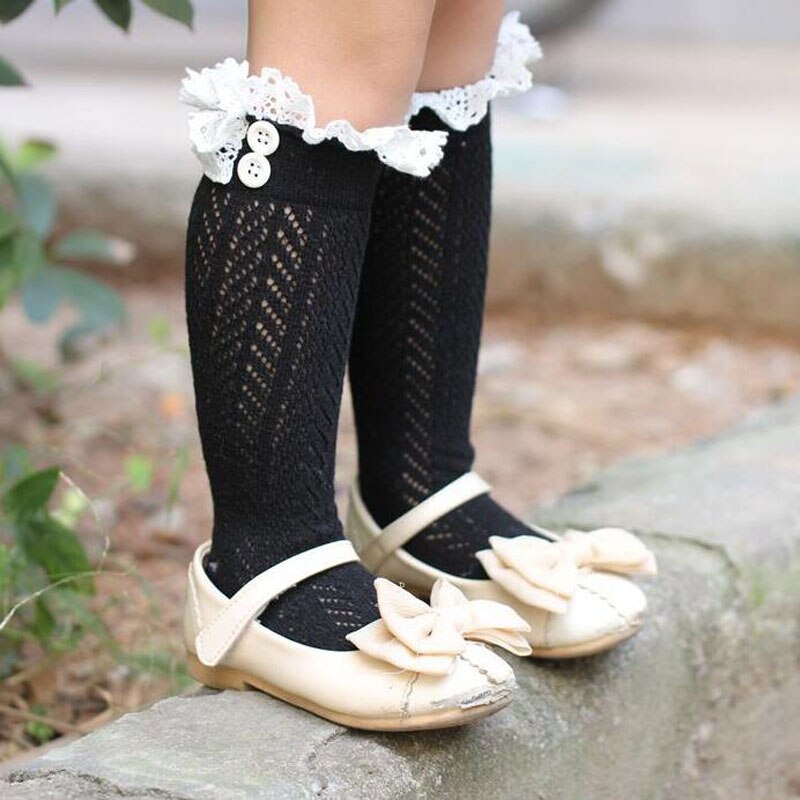Børn ben ærme hul blonder strømper bomuld piger varm fod ærme søde åndbar knæ høje sokker bølgemønster knap sokker: Sort