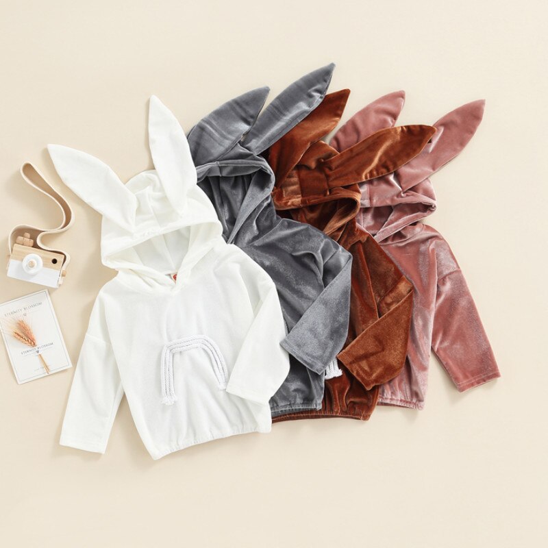 dreptać dziewczynka bluza z długim rękawem, kreskówka uszy królika gruby sweter, niewidoczny regulowany sznurek topy