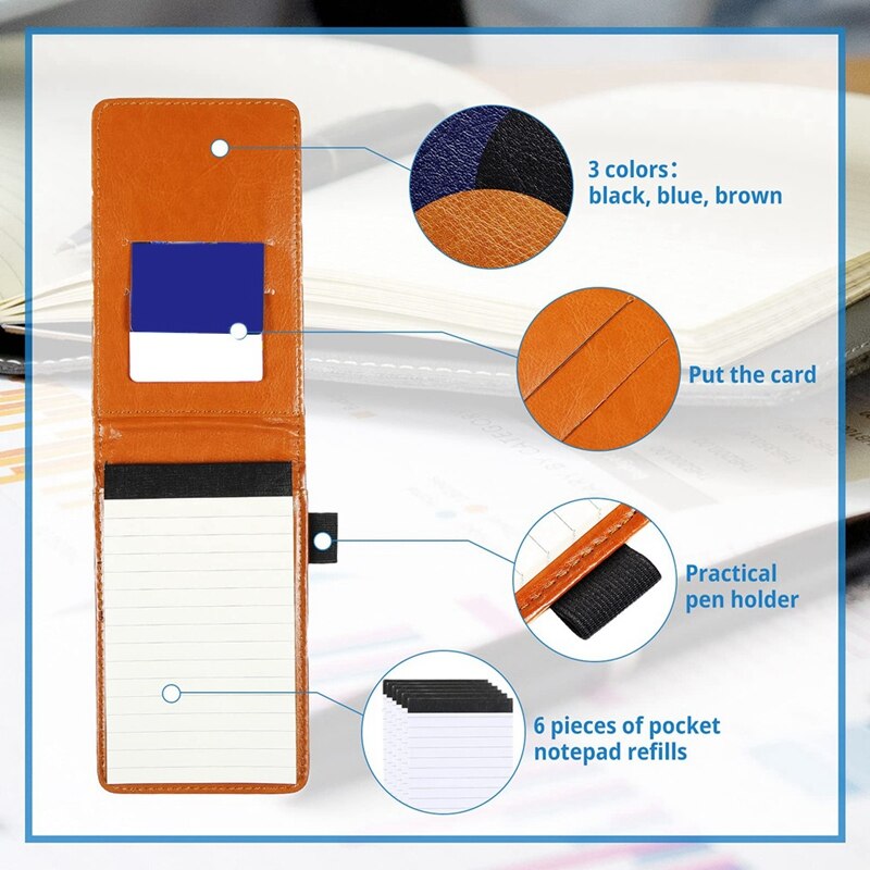 -Pocket Notepad Set 3.5X5.5in Portable Business Notepad with 50 Inner Pages and 6 Notepad Replacement,Black+Brown+Blue