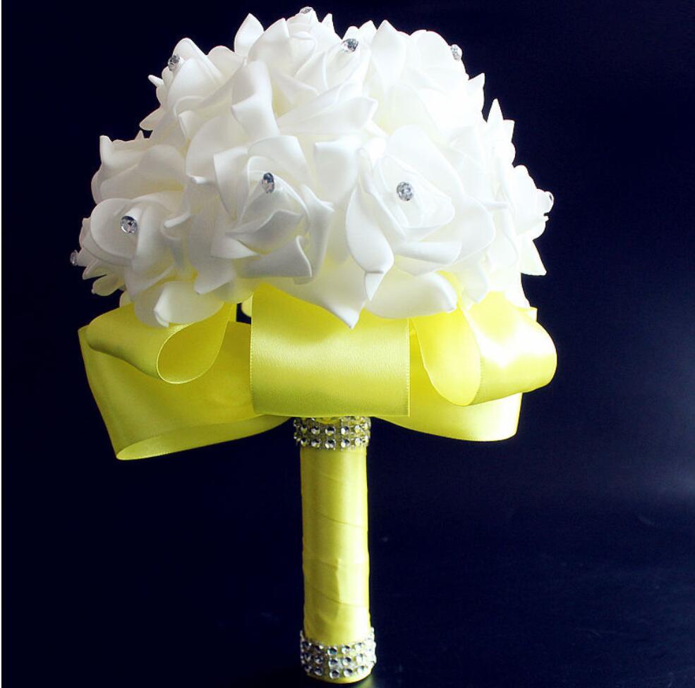 AYiCuthia Romantische Bruiloft Boeket Bruid Bruidsmeisje Bruiloft Decoratie Foam Bloemen Rose Bruidsboeket White Satin Holding S30: Yellow