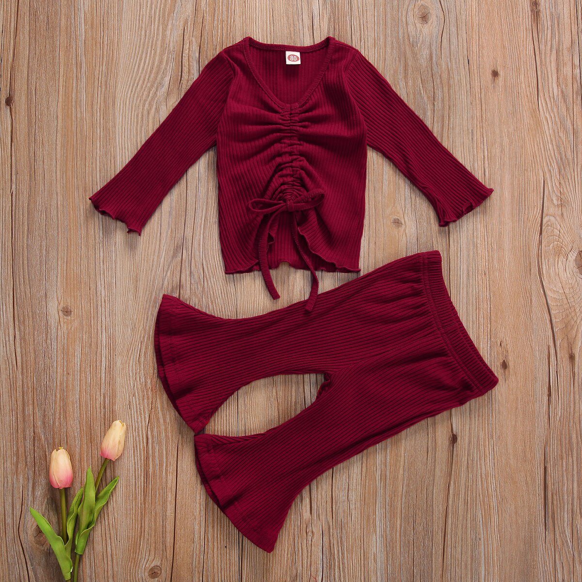 Infant Kids Baby Meisje Geribbeld Solid Set Uitlopende Mouwen Pak Lange Mouwen Tops Shirt Broek Navel Trekkoord Lente Kleding