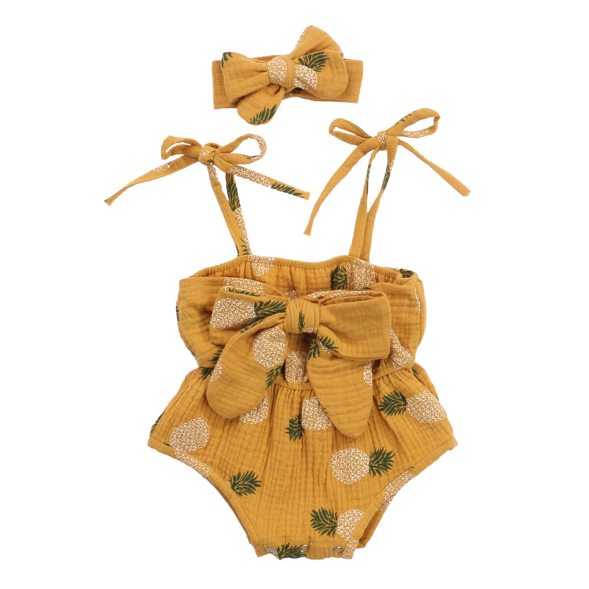 Focusnorm 0-24M Jongens Meisjes Bodysuits Hoofdband 2Pcs Bloemen/Polka Dot Print Mouwloze Strik Riem Jumpsuits: Geel / 6m