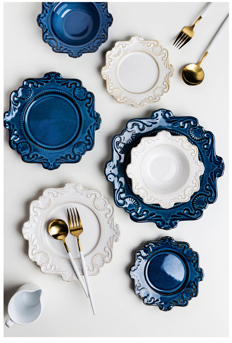 plates tableware dinner plates ceramic embossed pattern porcelain dessert plate cake plate