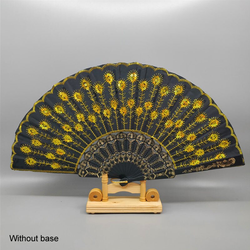 Art Folding Tail Feather Plastic Bone Sequins Carved Hand Fan Summer Accessory Crafts Print Home Decor Embroidery: black yellow
