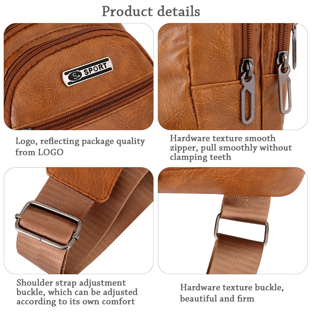 Men's Bags Leather Sling Zipper Pack Chest Shoulder Crossbody Bag