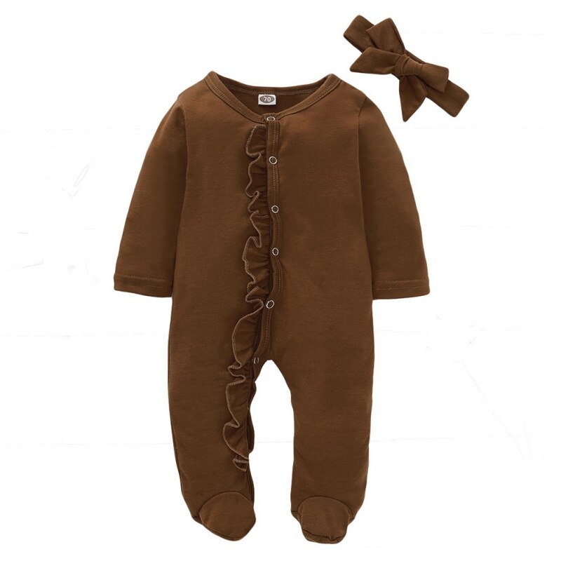 Frühling herbst neugeborenen Baby Footies overall + kopfschmuck langarm rüschen baumwolle baby junge mädchen kleidung 0-18M