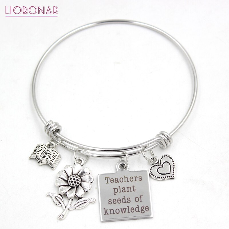 1PC gioielli in acciaio inossidabile filo regolabile braccialetto cuore fiore libro insegnanti braccialetti con ciondoli per insegnanti regali Bijoux Pulsera