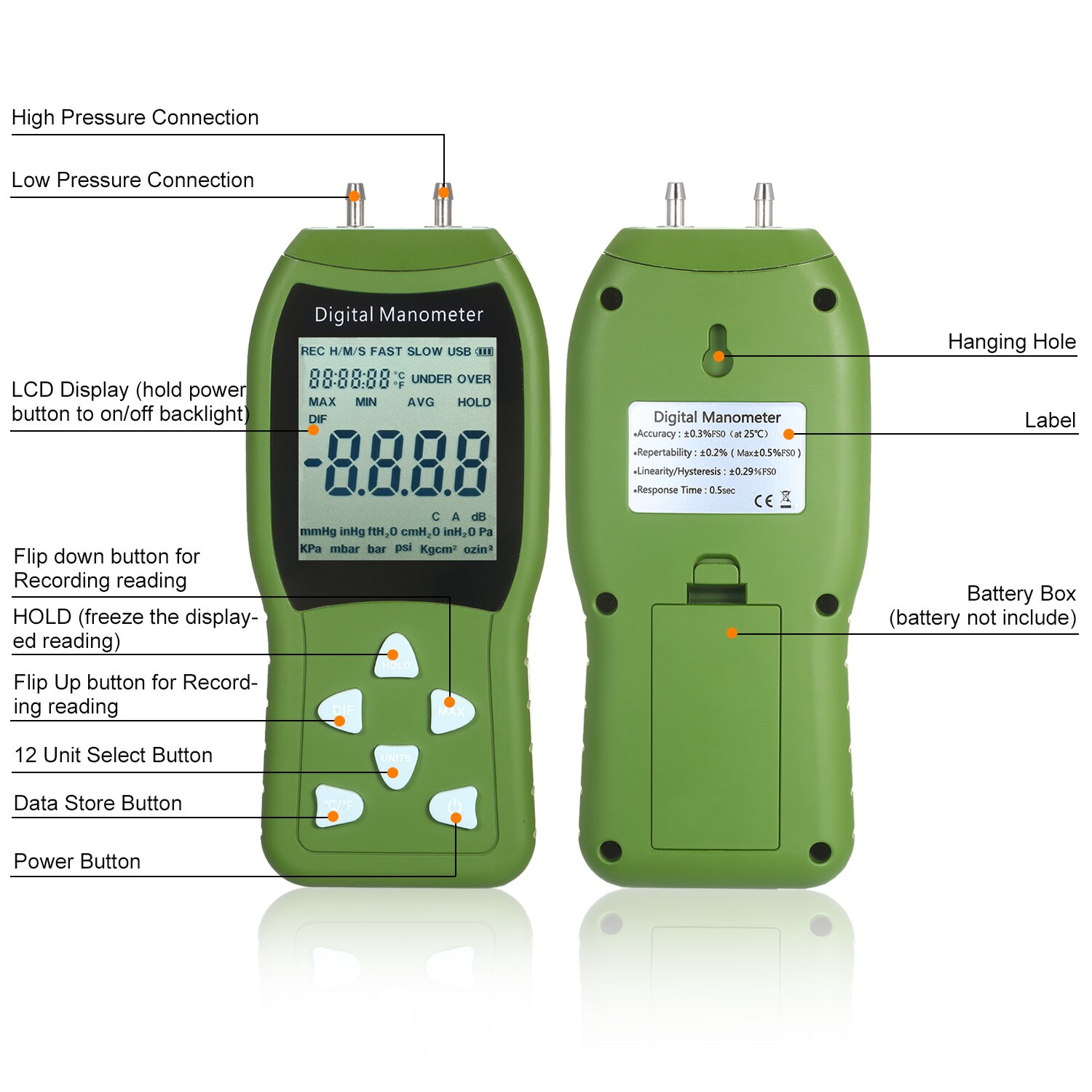 Handheld Digital Air Pressure Meter 12Unit Dual Port Differential Pressure Gauge HVAC LCD Backlit Natural Gas Analyzer Manometer