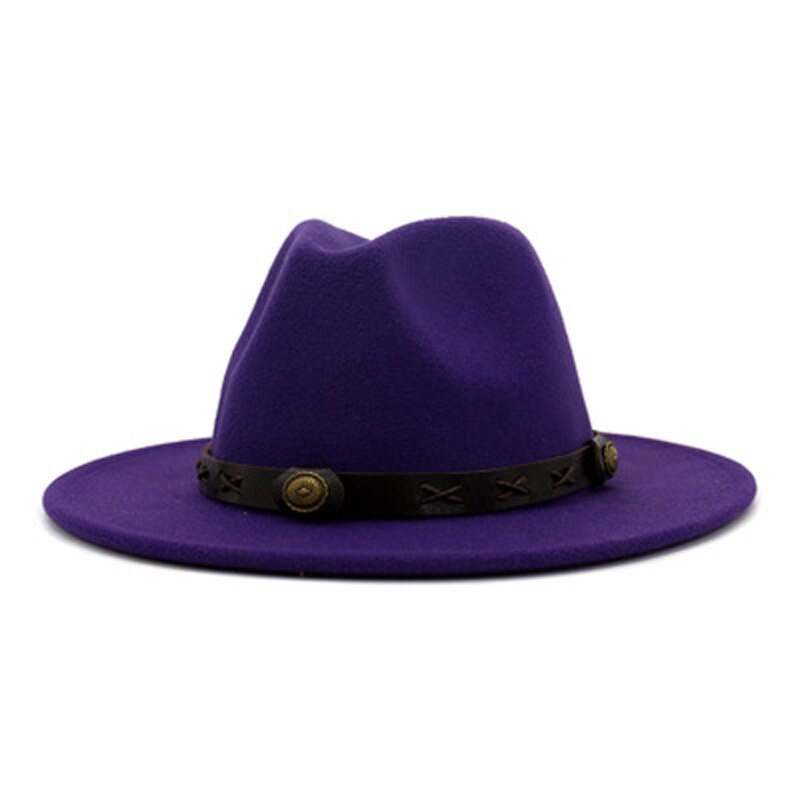QBHAT uomo donna cappelli Fedora Jazz in feltro di lana tinta unita con cinturino in pelle marrone cappello da Cowboy a tesa larga cappello verde Trilby Panama per la festa: purple