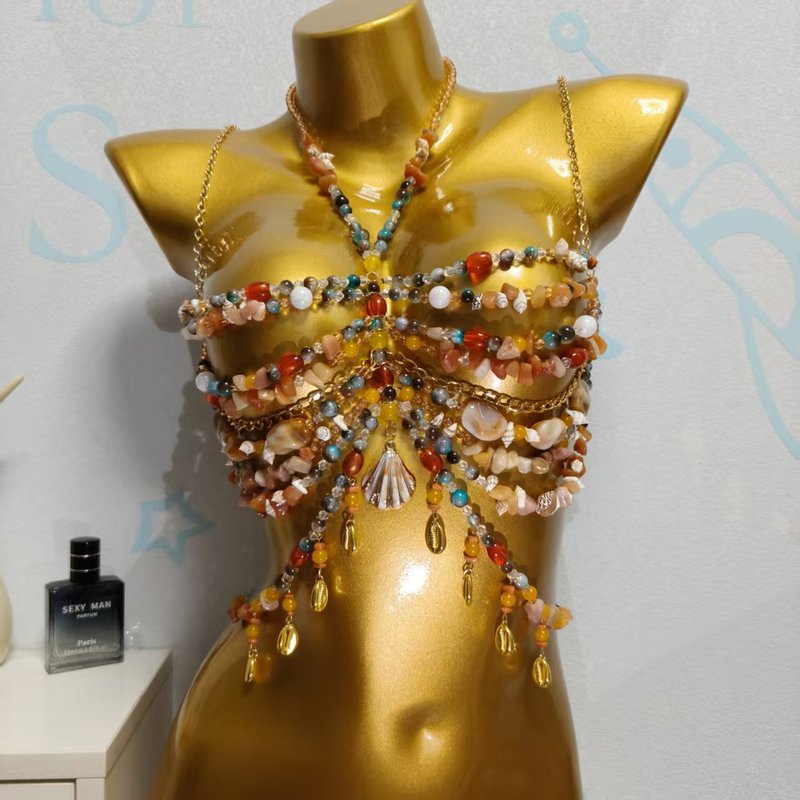 BELLARAVE Womens Handmade Beaded Bra Halter Body Chain Chest Chain Tank Top Festival Party Jewelry Accessories