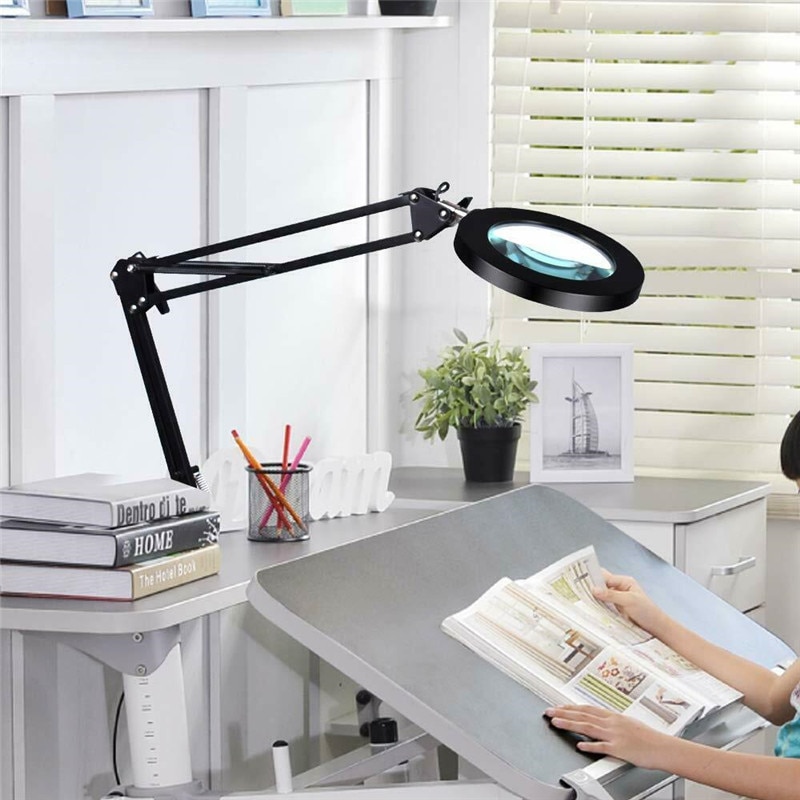 Flexible Desk Magnifier USB LED Lamp 5X Magnifying Glass Clamp Base Adjustable Illuminated Desk Light Bedroom Office Study