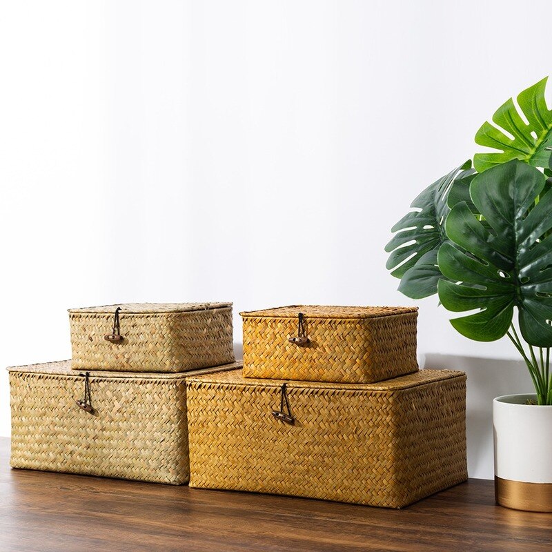 Rattan vævede opbevaringskasser med låg håndlavet flet opbevaringskurv diverse tøj kosmetik container home organizer