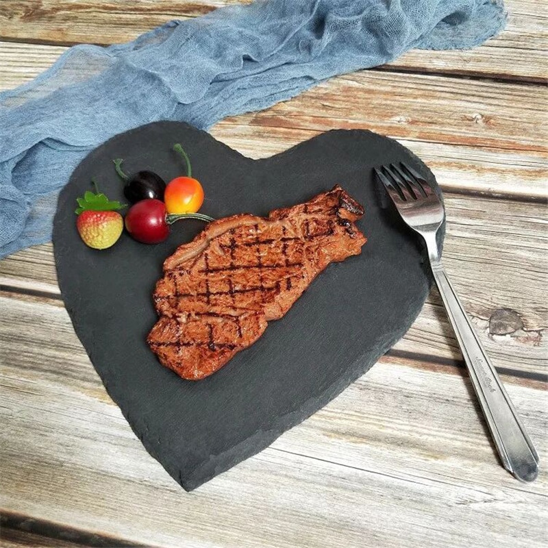 Populaire coeur forme naturel ardoise solide Steak assiette plateau à fromage assiette vaisselle Pizza Sushi plat Barbecue plateau os chine