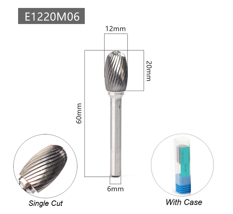 Oval Shape E 6mm 1/4 Shank Mould Carving Tools Tungsten Carbide Rotary File Burr Milling Cutter CNC Engraving for Metal Steel: Single Cutter 6x12mm