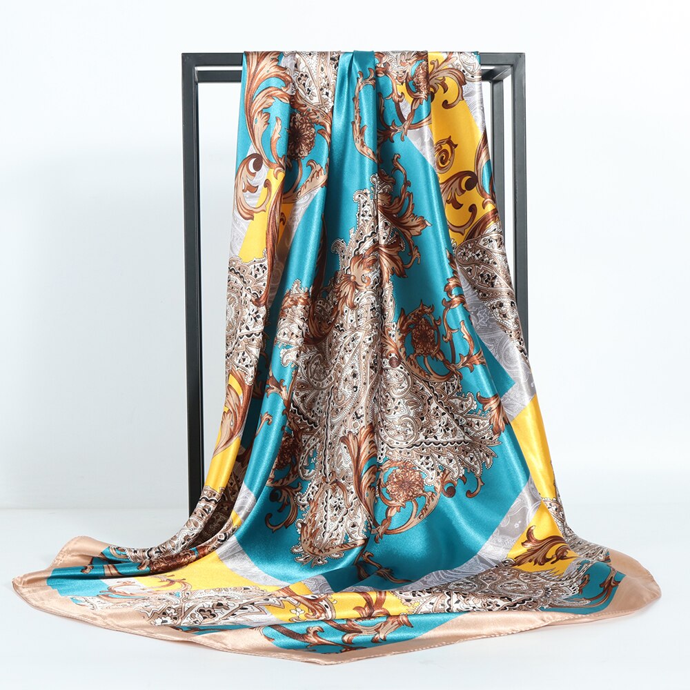 Foulard en soie pour femmes, classique rétro, en Satin, Bandana, Cheveux doux, Hijab, 90x90cm: KX2-8