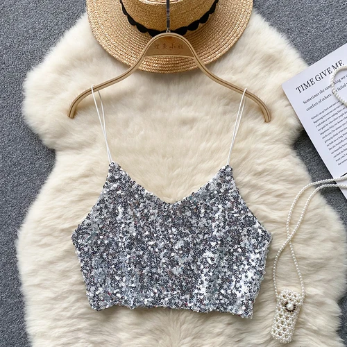 Kvinnor chic paljett linne smal grundläggande sexig koreansk ärmlös axelbandslösa toppar hösttopp: Silver-