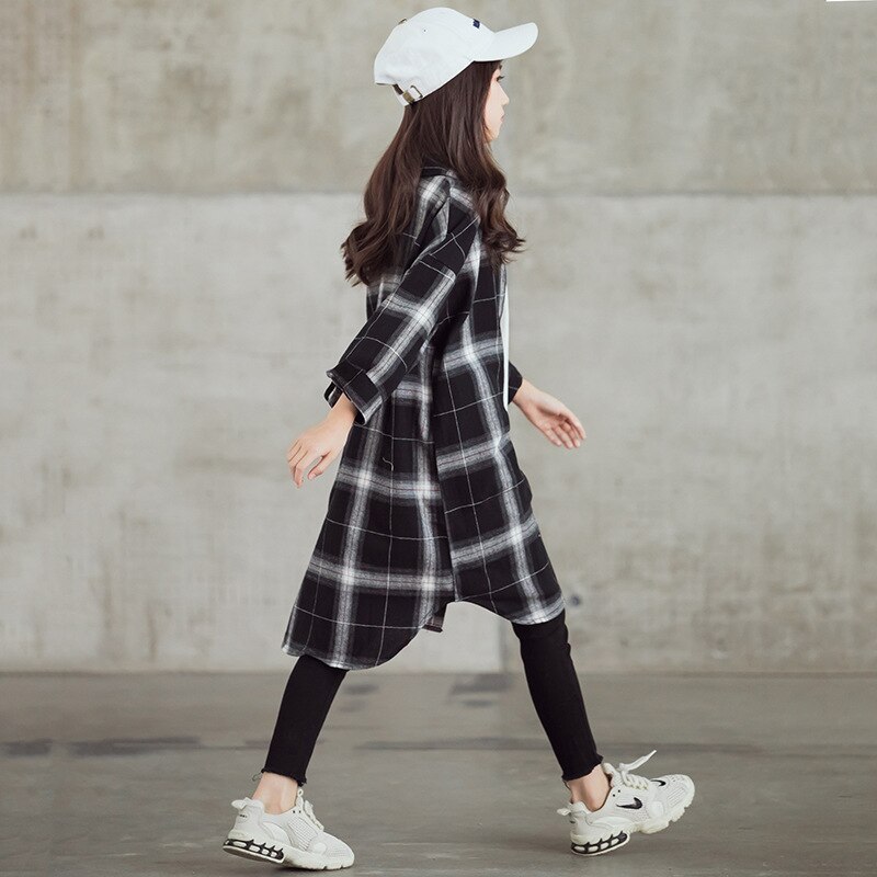 Teen Girls Long Sleeve Plaid Long Shirts Spring Autumn Kids Girl Outfit