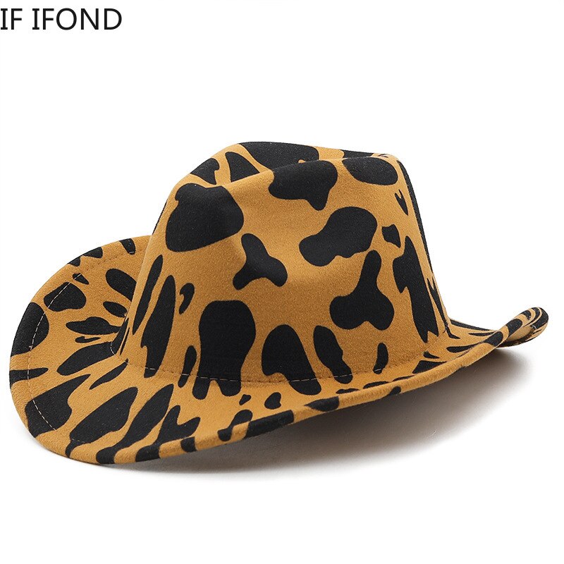 Chapéu de vaqueiro ocidental dos homens da moda padrão de vaca cowgril panamá aba larga bonés de jazz do vintage cavalheiro chapéu de feltro gorras hombre
