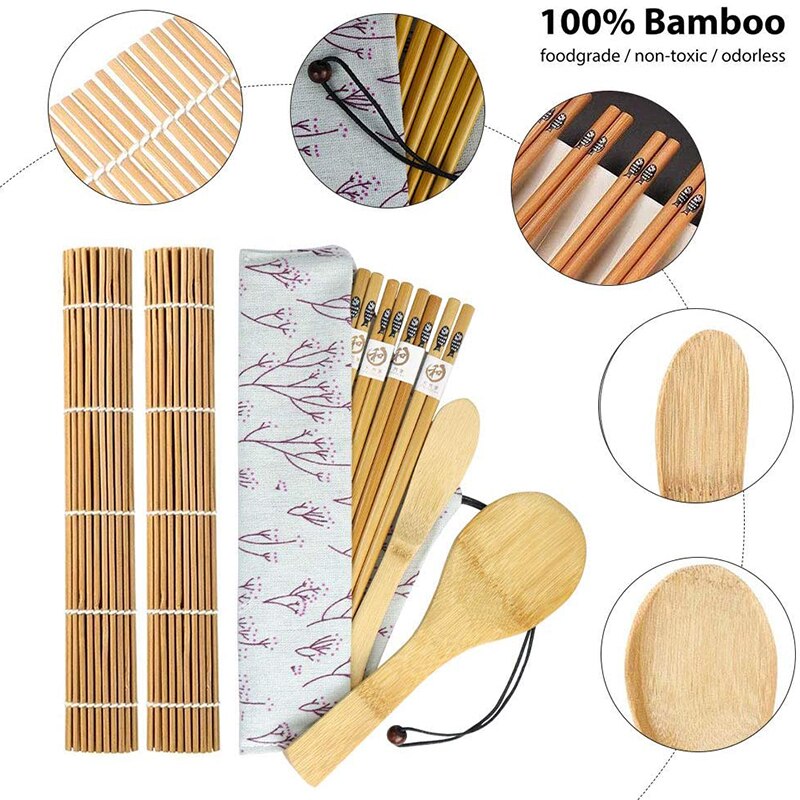 Homemade Sushi Making Kit Bamboo Rolling Diy Sushi Maker Set of 12 Piece Kitchen Rice Rolling Mold Tools for Kids Beginners