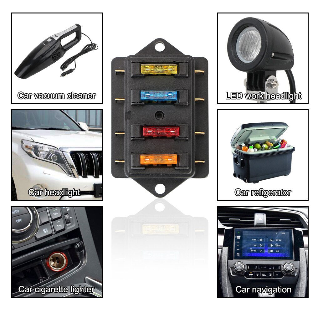 4 Ways Blade Fuse Block 12V/24V+4 Way Fuse Fuse Box Holder Block & Warning Indicator For Auto Car Marine Trike Plastic Cover