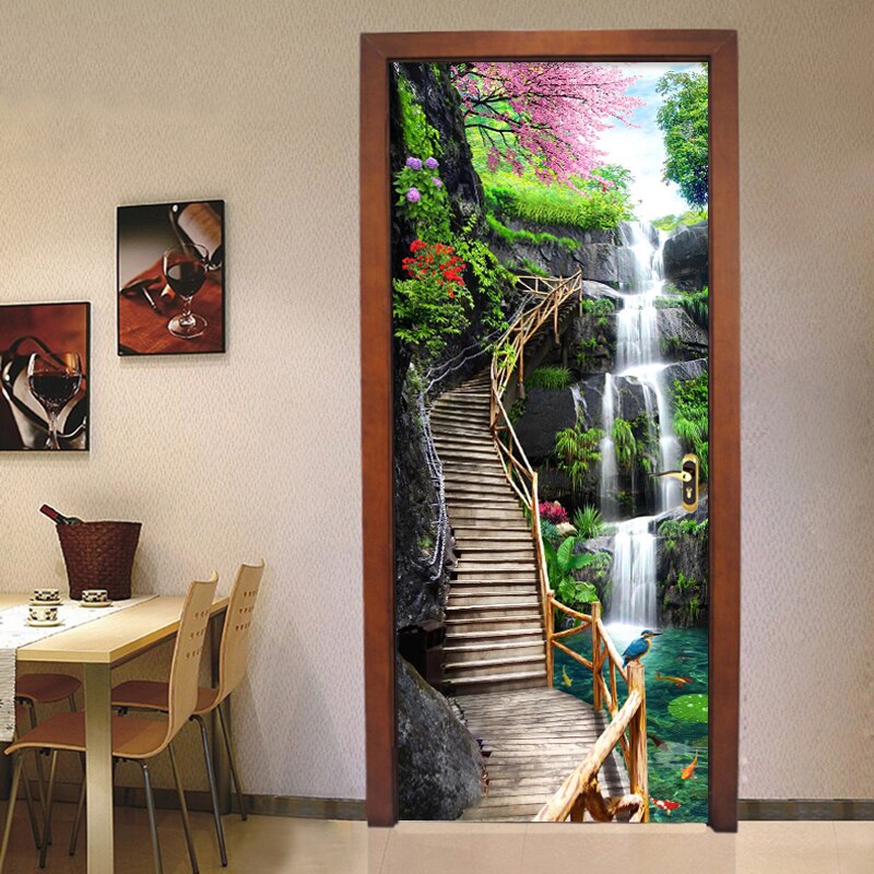 2 Pieces/Set Self-Adhesive Door Sticker 3D Waterfall Landscape Mural Wallpaper Living Room Dining Room Home Decor PVC Stickers