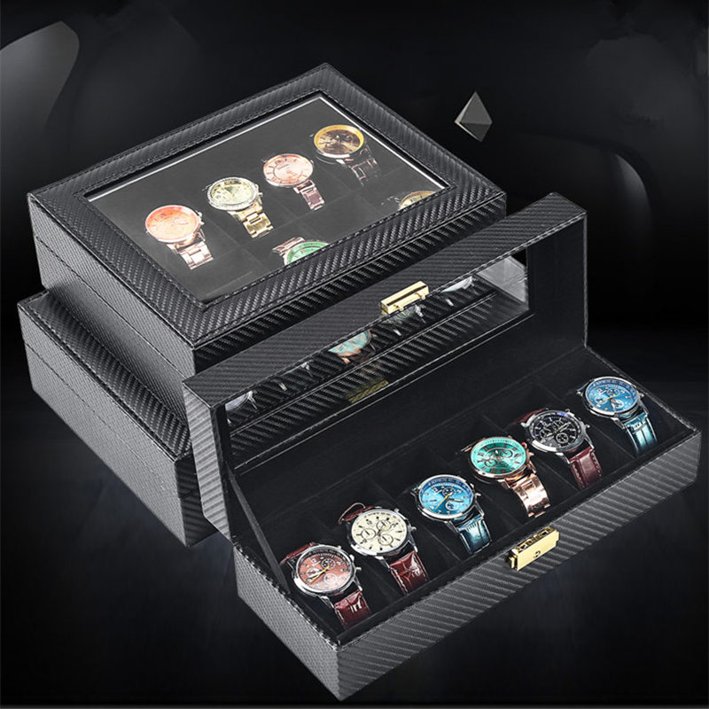 Carbon Fiber Horloge Opslag Dozen Met Slot Zwart Lederen Horloge Display Organizer Pakket Mechanische Horloge Case Houder
