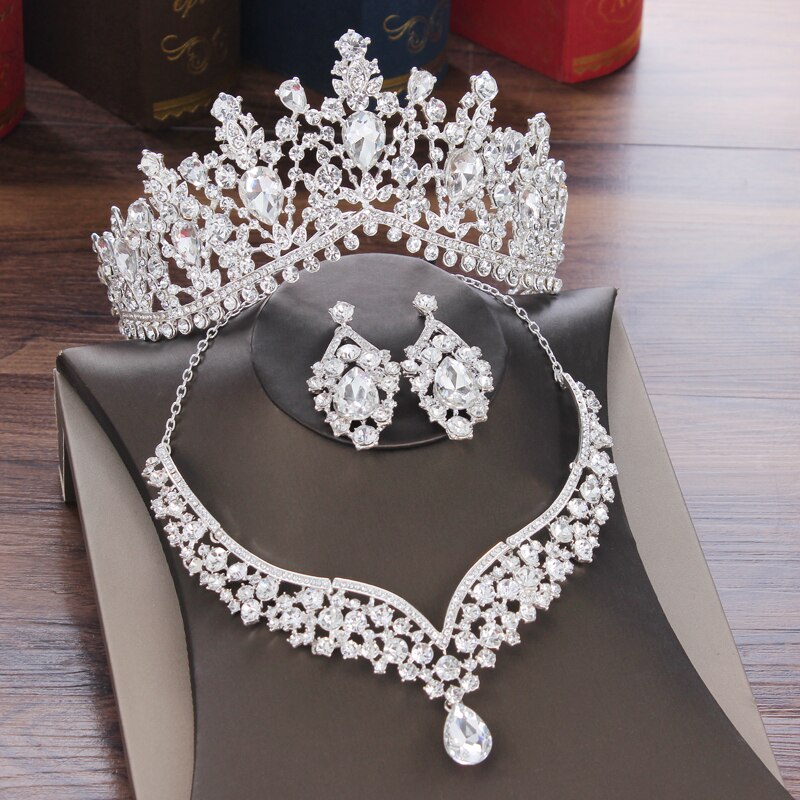 Baroque Crystal Water Wedding Crown Bridal Jewelry Sets Rhinestone Necklace Earrings For Bride Dubai Jewelry Sets Tiaras