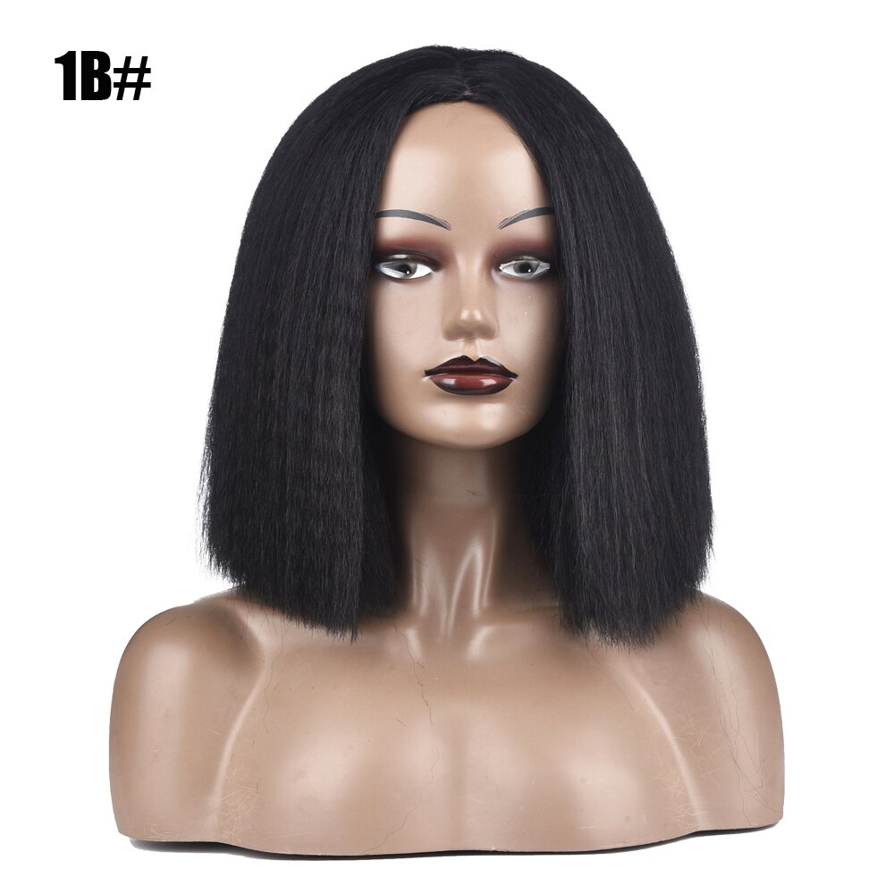 Afro Kinky Straight Bob Wigs Synthetic High Temperature Fiber Hair Yaki Straight Curl Medium Length Wigs For Women 14Inch: 1B