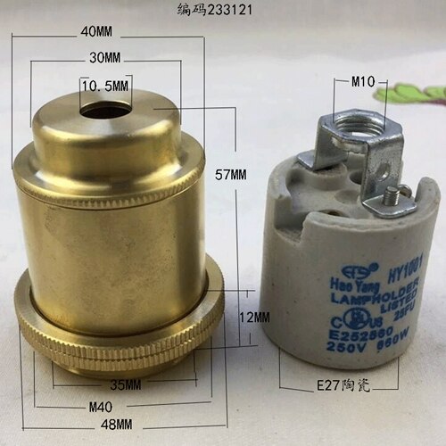 1 sæt retro lampeholder i ren messing  e27 keramiske lamper hjertefri rørtilslutning 40 åben disk belysningstilbehør: E233121