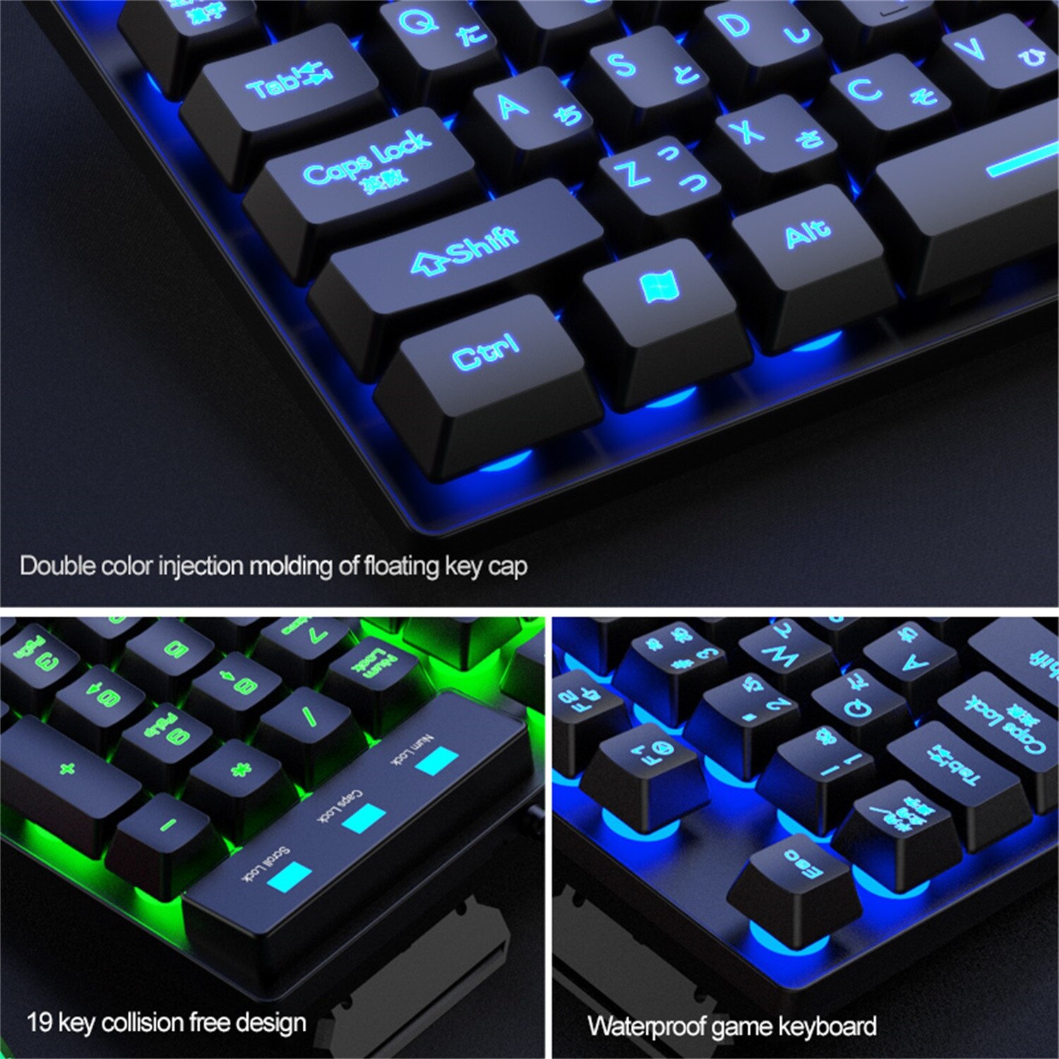 Japanese Rainbow RGB multi-backlit USB cable game radium luminous hanging 104 key keyboard and 2400 adjustable DPI mouse set