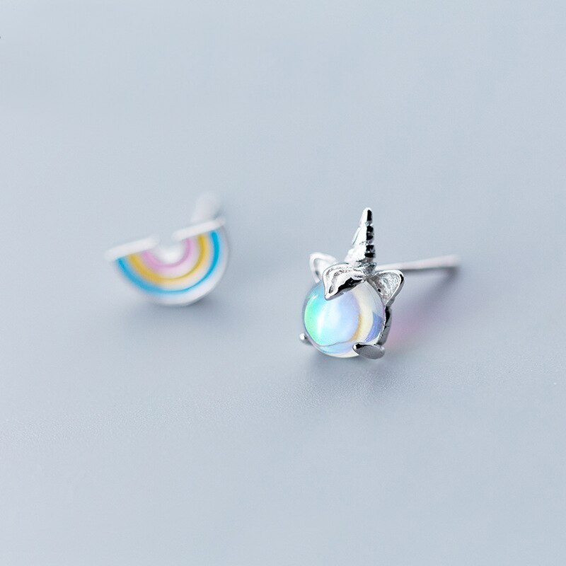 Mloveacc S925 Sterling Zilver Vrouwelijke Oorbellen Koreaanse Kleine Verse Cartoon Mooie Asymmetrische Rainbow Stud Oorbellen Voor Meisjes