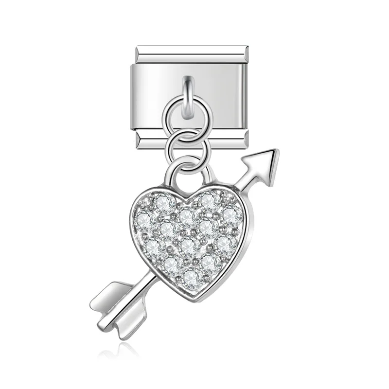 Hapiship Romantic Heart Cherry Shiny CZ Italian Charm Link Fit 9mm Bracelet Stainless Steel Making DIY Jewelry DJ605: SILVER PLATED