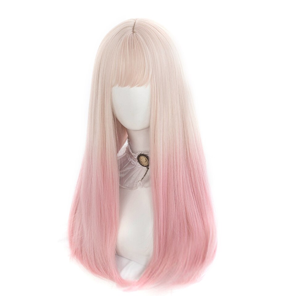 MEIFAN largo recto Cosplay de Lolita casco peluca sintética con flequillo mujer blanco Ombre pelo Rosa degradado peluca chica: Marrón