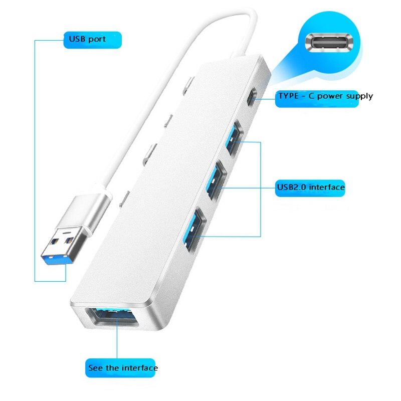USB3.0 Hub 4-Port Portable Plug-And-Play 5Gbps Data Hub, Suitable for Windows/Mac/Linux Operating System