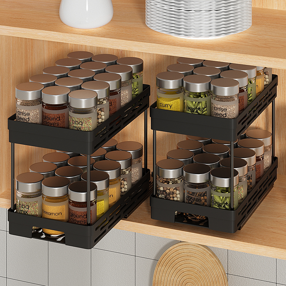 WORTHBUY Keukenkast Opslag Organizer Pull-out Kruiden Fles Opbergrek Glijdende 2 Tier Plastic Organizer Plank