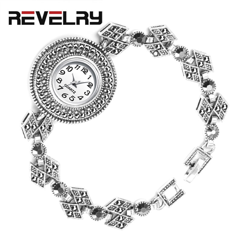 REVELRY-relojes de plata antigua para mujer, pulsera de cristal negro brillante de lujo, reloj de cuarzo Vintage, novedad de