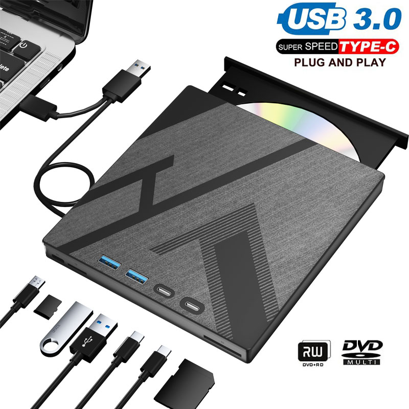 Unità CD DVD esterna con 4 porte USB e slot per schede TF/SD Lettore unità disco CD/DVD portatile Lettore masterizzatore per PC portatile