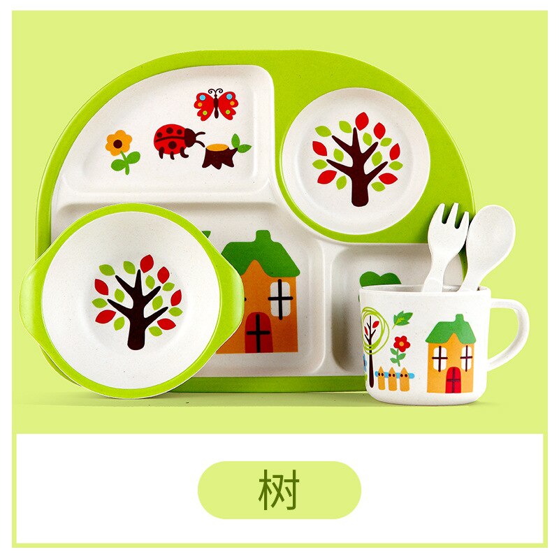 Bamboo Kids Dinnerware Set,Food Plate Bowl Cup Spoon Fork Dishware,Cartoon Tableware,Healthy Mealtime,Dishwasher Safe,BPA Free: C